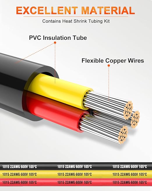 NAOEVO 22 Gauge Wire 3 Conductor Electrical Wire, 22 AWG Stranded PVC Cord, 12V Low Voltage/Tinned Copper/Flexible Cable for Automotive Wiring, Lamp Cord, Marine Cable (50FT)