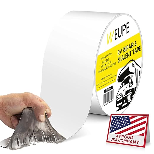 RV Sealant Tape, White, 4 Inch x 50 Feet, Roof Patch Repair Tape, Roofing Tape for RV, Waterproof Leak Tape for RV puncture, Boat Sealing, Awning, Canopy, Tents, Camper, Greenhouse and Tarpaulin