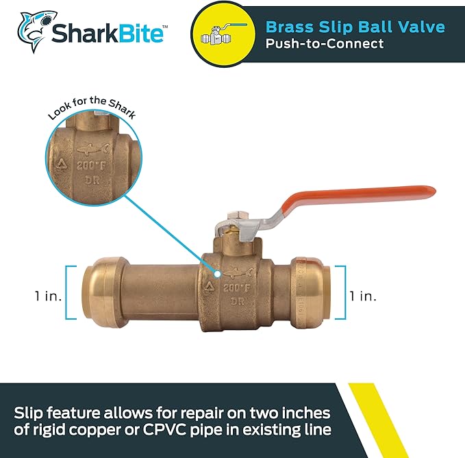 SharkBite 1 Inch Slip Ball Valve, Push to Connect Brass Plumbing Fitting, PEX Pipe, Copper, CPVC, PE-RT, HDPE, 24737LF