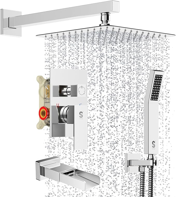 SR SUN RISE 10 Inches All Metal Bathtub Faucet Set Shower System with Tub Spout Square Rain Shower Head and Handheld Combo Shower Fixtures, Modern Valve and Trim Kit, Polished Chrome