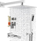 SR SUN RISE 10 Inches All Metal Bathtub Faucet Set Shower System with Tub Spout Square Rain Shower Head and Handheld Combo Shower Fixtures, Modern Valve and Trim Kit, Polished Chrome