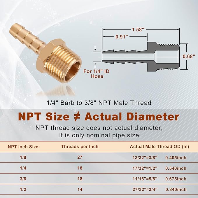 5pcs Brass Hose Barb Fittings 1/4 Inch Barb to 3/8 Inch NPT Male Thread Air Hose Fittings Adapter Connector Water Fuel Air Line Fittings 1/4” Barb × 3/8” NPT Brass Fittings