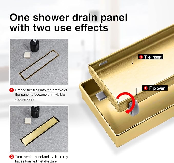 SaniteModar Linear Shower Drain, Gold Shower Drain 12 inch with 2 in 1 Tile Insert Panel, with Hair Strainer and Leveling Feet