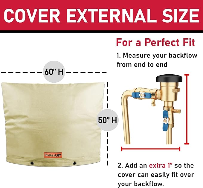 Redford Supply Co. Cold Snap (5°F) Backflow Preventer Insulation Cover, 60"W x 50"H, Pipe Insulation, Water Sprinkler Covers for Outside, Sprinkler Backflow Cover for Winter, Well Pump Bag (Beige)