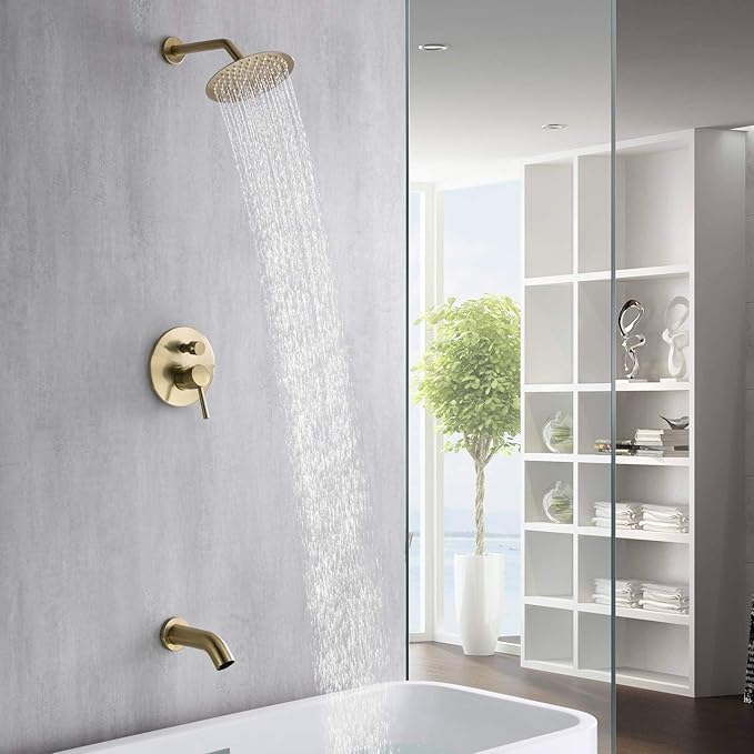 sumerain Shower and Tub Faucet Set Brushed Gold Rain Shower Faucet with Tub Spout, 8" Shower Head, High Flow