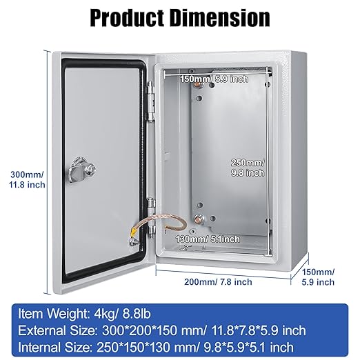 LeMotech Electrical Box 12 x 8 x 6 inch Steel Enclosure, IP66 Waterproof Dustproof Junction Box Wall-Mounted for Outdoor/Indoor Lockable with Equipment Mounting Plate