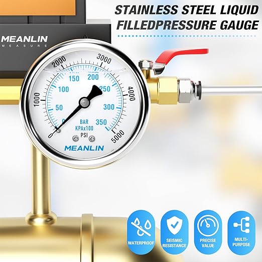 MEANLIN MEASURE 0~5000Psi Liquid Filled Pressure Gauge 1/4" NPT 2.5" FACE DIAL Stainless Steel Glycerin Filled WOG Water Oil Air Back Mount