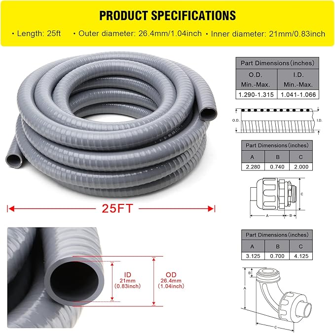 DWALE Liquid-Tight Conduit and Connector Kit,Flexible Non Metallic Liquid Tight Electrical Conduit,3/4inch 25ft Electrical Conduit Kit,with 8 Straight and 8 Angle Fittings Included,3/4 in. Dia
