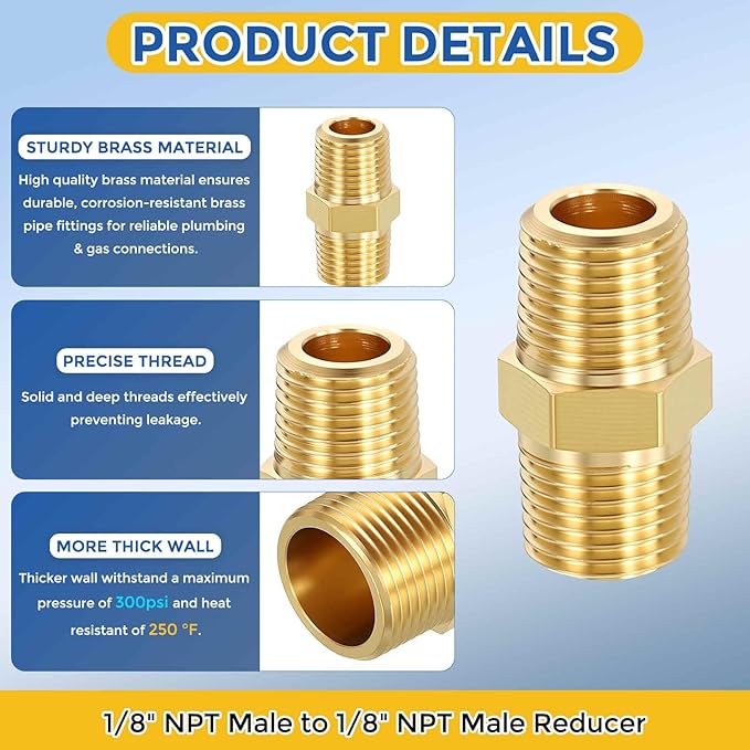 1 Pack Brass Pipe Fittings, 1/8" NPT Male to 1/8" NPT Male Brass Hex Nipple, Male Pipe Adapter Reducer for Air, Oil, LP