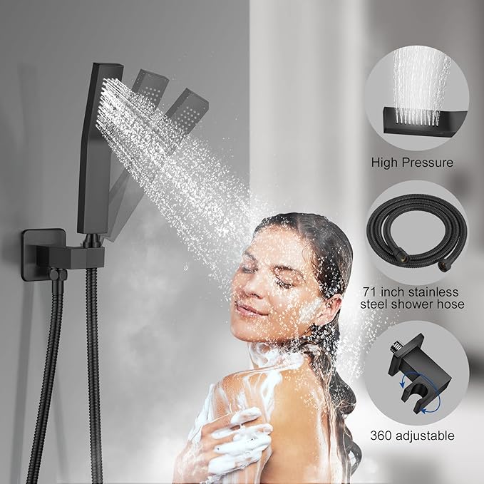 JOMEOO® 12 Inch Matte Black Shower System, Ceiling Mounted High Pressure Rain Shower Head with Handheld Sprayer, Bathroom Luxury Black Shower Head Shower Faucet Set Rough in Valve Body and Trim