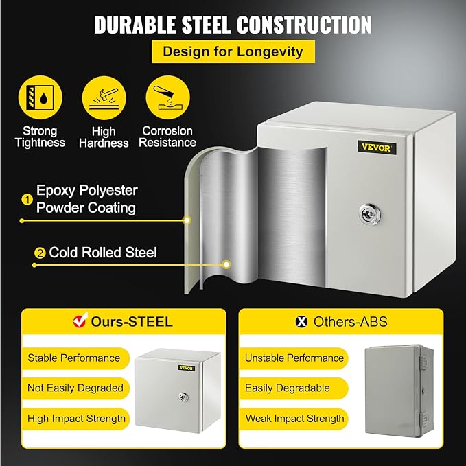 VEVOR NEMA Steel Enclosure, 8 x 8 x 6'' NEMA 4X Steel Electrical Box, IP66 Waterproof & Dustproof, Outdoor/Indoor Electrical Junction Box, with Mounting Plate