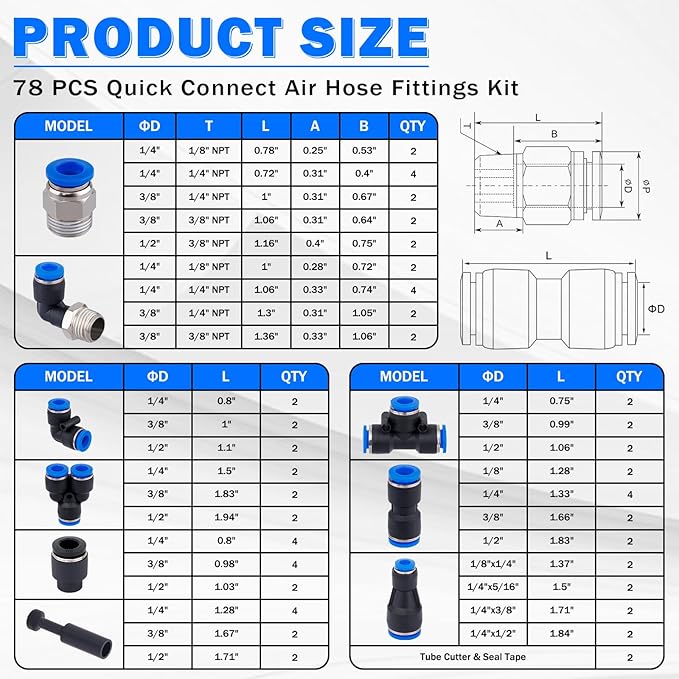 78 PCS Air Line Quick Connect Fittings 1/8" 1/4" 5/16" 3/8" 1/2" Quick Connect Air Hose Fittings Push Lock Fittings Quick Release Pneumatic Kit for Air Compressor Pneumatic System