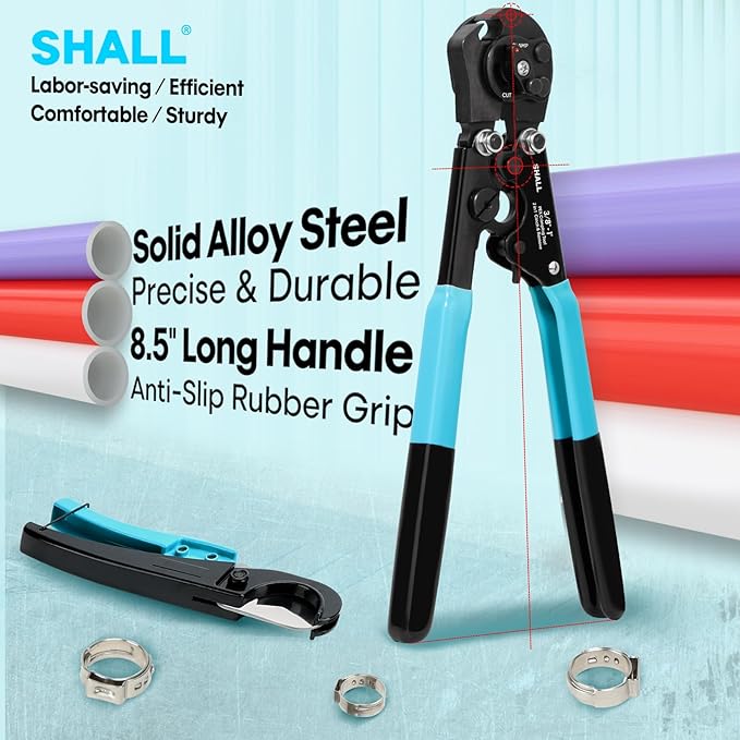 SHALL 2-IN-1 Pex Crimping Clamp Cinch & Remove Tool with Pipe Hose Cutter, Pex Pipe Fitting Crimper Tool Kit for 3/8" to 1" Stainless Steel Clamps Including 20pcs 1/2", 10pcs 3/4" Clamps & Storage Bag