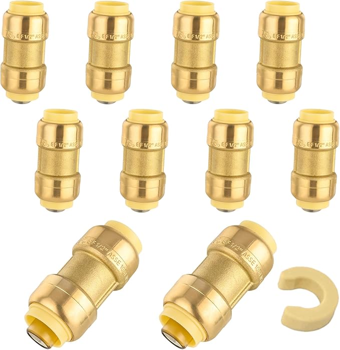 10-Pack Niikappu Push Fit Fittings, 1 Inch x 1 Inch Brass Plumbing Fittings to Connect PEX, Copper, CPVC, Brass Straight Coupling With Disconnect Clip