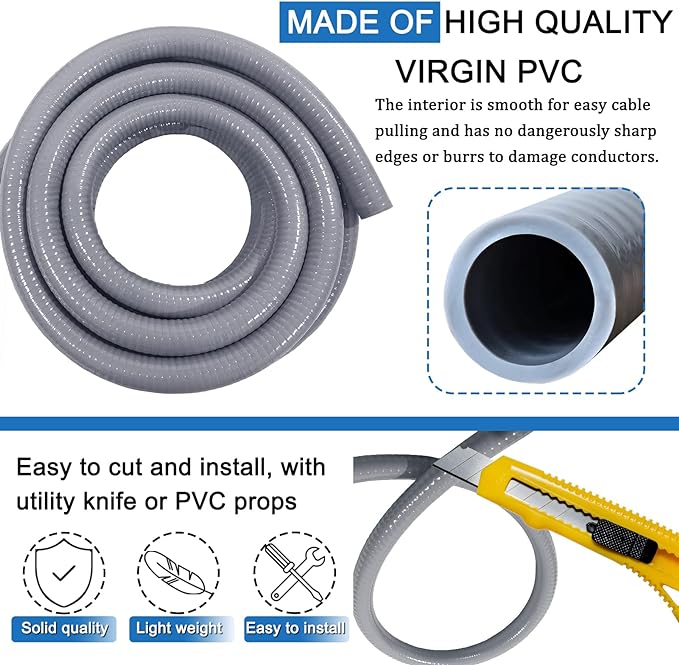 1inch 50ft Electrical Conduit Kit,Liquid-Tight Conduit and Connector Kit with 5 Straight and 3 Angle Fittings Included,Flexible Non -Metallic Liquid Tight Electrical Conduit(1" Dia, 50 Feet)
