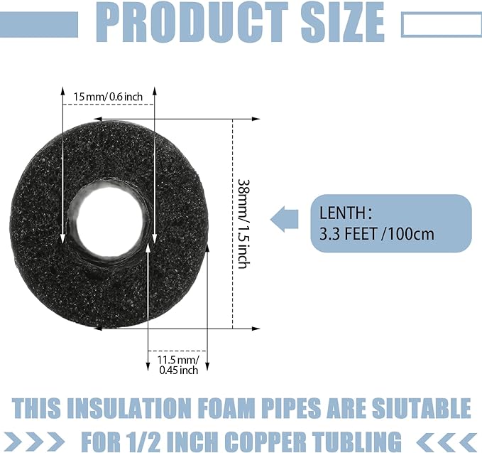 Amylove 12 Pcs 3.3 Feet Foam Pipe Insulation Foam Tube Insulating Water Pipe Pool Swim Noodles Pre Slit Heat Preservation Pipes Covers for Tubing Outdoor Winter Freeze Protection(Black, 1/2 Inch)