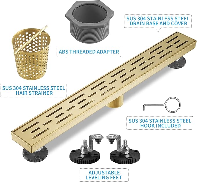 Linear Shower Drain, Brushed Gold Shower Drain 36 Inch with Removable Grate, SUS-304 Stainless Steel Rectangle Floor Drain with Leveling Feet and Hair Strainer, Bathroom Modern Drain SD-101