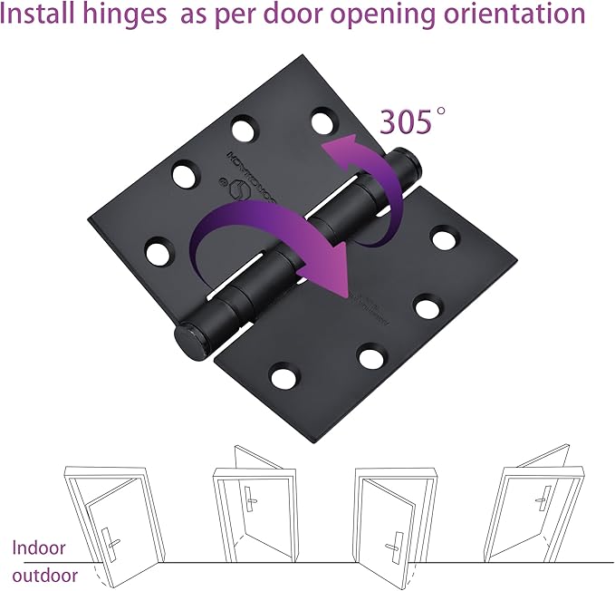 Matte Black Heavy Duty Door Hinge 4.5 X 4.5 Inch Ball Bearing Commercial Hinges Square Corners Interior and Exterior Hardware for 4-1/2 Doors Hinge Grade ANSI/BHMA A156 Grade 1.
