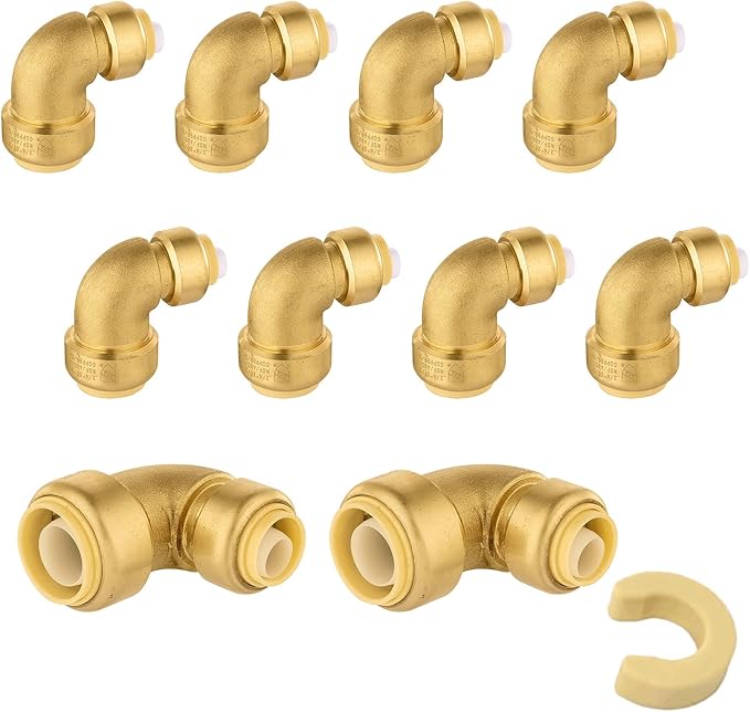 (Pack of 10) Niikappu 3/4 Inch x 1/2 Inch Reducing Elbow Brass Fitting, Push to Connect Plumbing Brass Fittings, PEX, Copper, CPVC, PE-RT Pipes