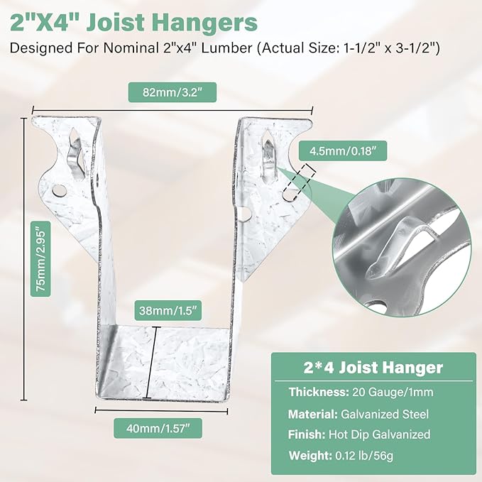 25 PCS 2"x4"Joist Hanger,20 Gauge Double Shear Face Mount Rafter Hanger for Deck Brackets,Rafter Brackets,Hurricane Ties for rafters