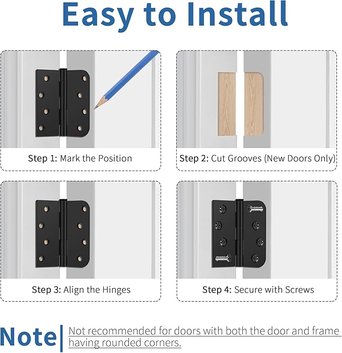 12 Pack Matte Black Door Hinges 4 Inch, Exterior Door Hinges with 5/8" Radius & Square Corners, Removable Pin, Perfect for Heavy-Duty Front & Back Door, Anti-Rust & No Squeaks