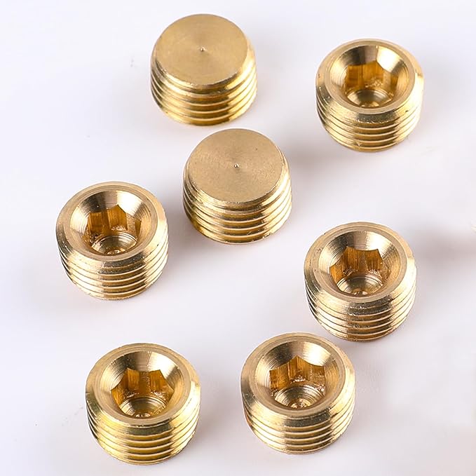 10 PCS 1/4" NPT Male Pipe Plug Fitting Set Brass Hex Counter Sunk Plugs for Closing the End of Pipe, Internal Hex Socket Thread Plug Kit