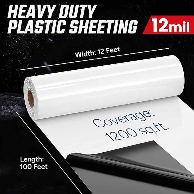 Crawl Space Vapor Barrier - 12 Mil Vapor Barrier - (12' x 100'), Tear Resistant, Heavy Duty Vapor Barrier Plastic, Drop Cloth Moisture Barrier Plastic Sheeting Covering for Crawlspace Encapsulation