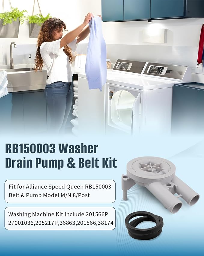 RB150003 Washer Drain Pump Belt Kit Fit for Alliance Speed Queen Belt & Pump Model M/N 8/Post, Replace 201566P 27001036