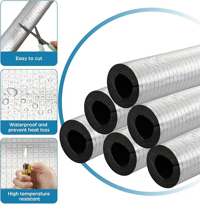 Tondiamo 8 Pcs 3 FT Pipe Insulation Foam Tube Self Adhesive Insulation Foam Wrap with Aluminum Foil Tape & Cable Ties for Tubing Heat Preservation Winter Outdoor Freeze Protection (3/4 Inch)