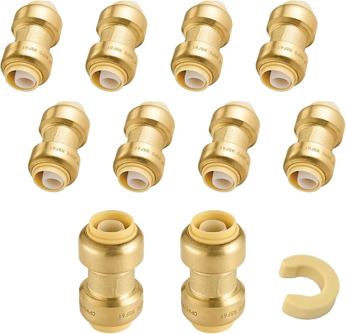 10-Pack Niikappu Push Fit Fittings, 1/2" x 1/2" Brass Plumbing Fittings to Connect PEX, Copper, CPVC, Brass Straight Coupling With Disconnect Clip