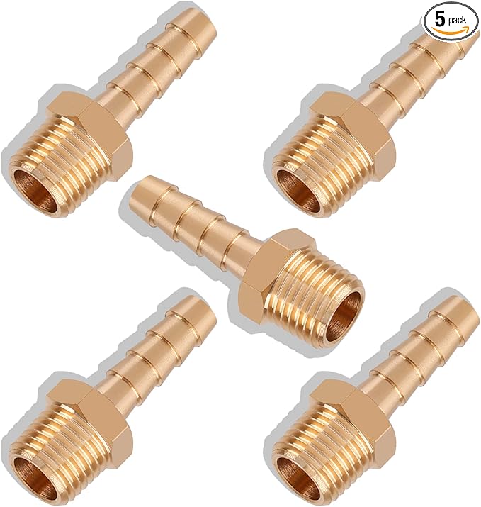 5pcs Brass Hose Barb Fittings 1/4 Inch Barb to 1/4 Inch NPT Male Thread Air Hose Fittings Adapter Connector Water Fuel Air Line Fittings 1/4” Barb × 1/4” NPT Brass Fittings