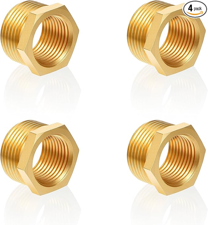 4pcs Brass Reducer Hex Bushing, 3/4" NPT Male to 1/2" NPT Female Heavy Duty Threaded Pipe Air Hose Fitting Reducer Adapter for Plumbing Gas Hydraulic Systems