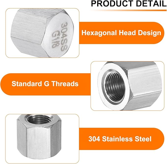 uxcell 2pcs Hex End Cap 304 Stainless Steel Nut with Washer, G1/8" Female Thread Pipe Fitting, Gas Line Water Line Stop Valve Cap Tubing Ends for Plumbing Fittings, Silver Tone