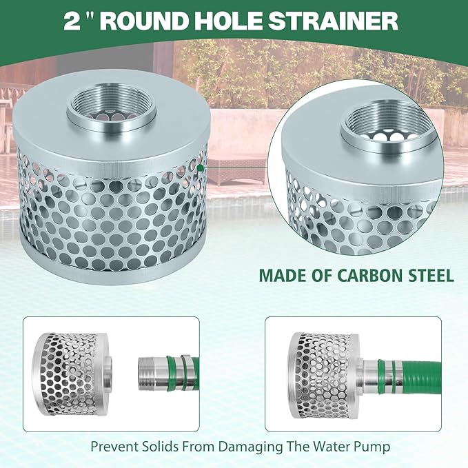 Heavy Duty 2" x 20' Green PVC Discharge Hose Pump Kit, Pool Suction Hose with Aluminum Camlock Fittings, Steel Round Strainer, Cam & Groove Adapter