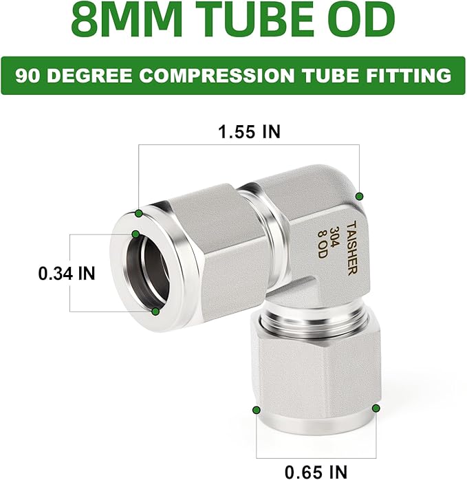 TAISHER 1PCS 304 Stainless Steel 90 Degree Compression Tube Pipe Fitting Connector, 8MM Tube OD x 8MM Tube OD Adapter