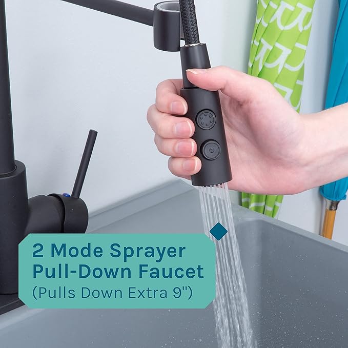Utility Sink Extra-Deep Laundry Tub in Grey with High-Arc Coil Pull-Down Sprayer Faucet in Matte Black, Integrated Supply Lines, P-Trap Kit, Heavy Duty Floor Mounted Freestanding Wash Station