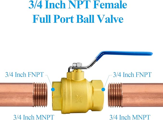 WiseWater 3/4" NPT Full Port Brass Ball Valve, with 1/4 Turn Blue Handle, 600 WOG, Plumbing Fitting, UPC Certified, 2 Pcs