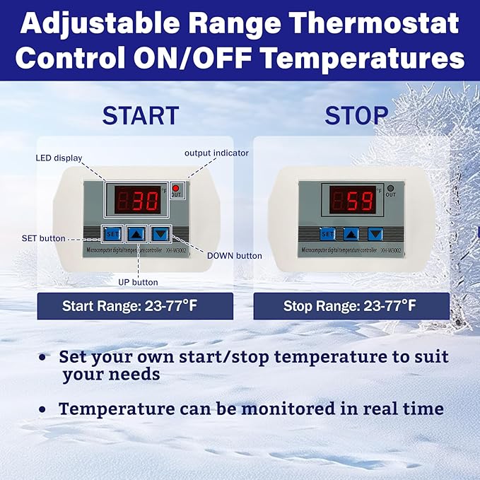 Cupohus Heat Tape for Water Pipes with Digital Display Thermostat 100FT, Freeze Protection Self-Regulating Heat Trace Cable for Metal, Plastic Home Pipes, Roof and RV, 110-120V