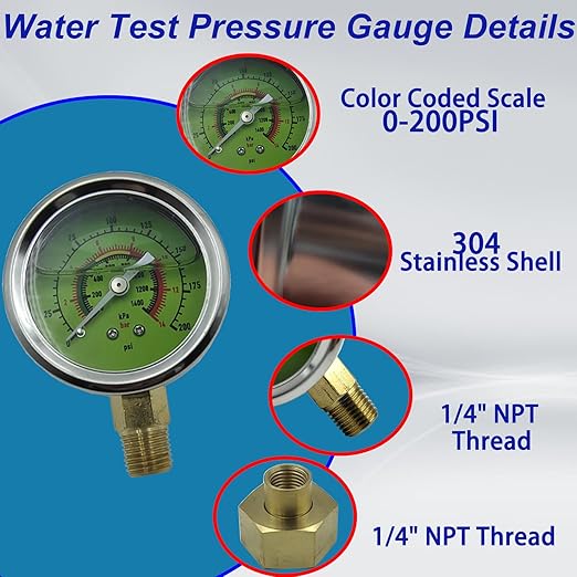 Stainless Steel Water Pressure Gauge Kit - 15.7'' Hose, 0-200 Psi, 3/4" GHT Female Thread for Home, Industrial, Garden, Green