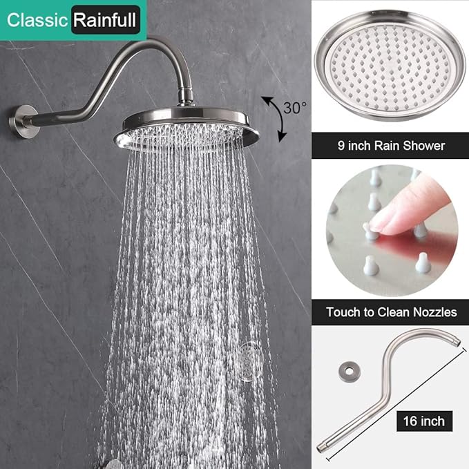 Antique Shower Faucet-Sets Fixtures: 9 inch Wall Rain Head with Handheld Spray and Body Jets, 3 Way Diverter Rough in Valve System included Trim Kit, Brushed Nickel