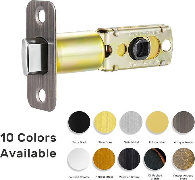Antique Pewter Adjustable Door Latch 60 or 70mm, 45° Turning Angle, Door Lock Replacement Parts with Door Strike Plate, Wood Dowel, Dust-Boxes