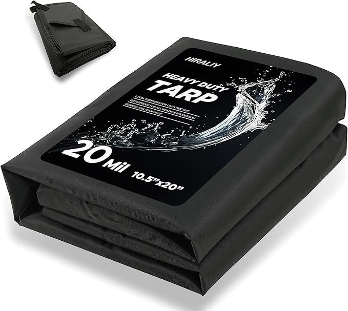 HIRALIY 20 Mil Heavy Duty Waterproof Tarp, 10.5x20ft Black Tarpaulin with Reinforced Webbing Loops, Multipurpose Oxford Fabric Tarp for Firewood, Roof, Camping, Pool