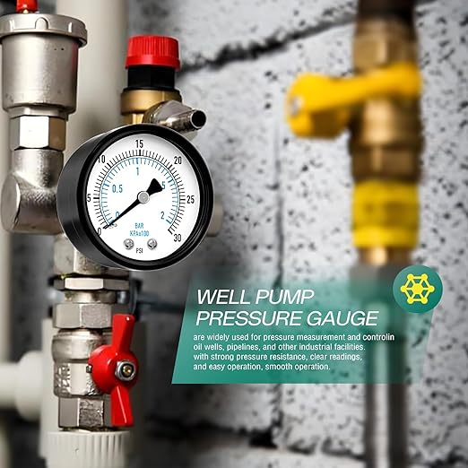 0-30PSI Well Pump Pressure Gauge 2" Dial Size, 1/4" NPT Back Mount, 3-2-3% Accuracy, for Tube, Water Pump, Gas, Liquid, Pressure Test