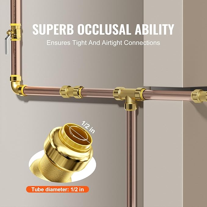 VEVOR Pipe Fittings, 1/2" 25PCS (10xStraight, 10xElbows, 5xTees) Brass Pipe Fittings, Push-Fit Pipe Connector Brass Air Fittings, Plumbing Fittings Adapter for Heating/Shower Systems, Water Pipes