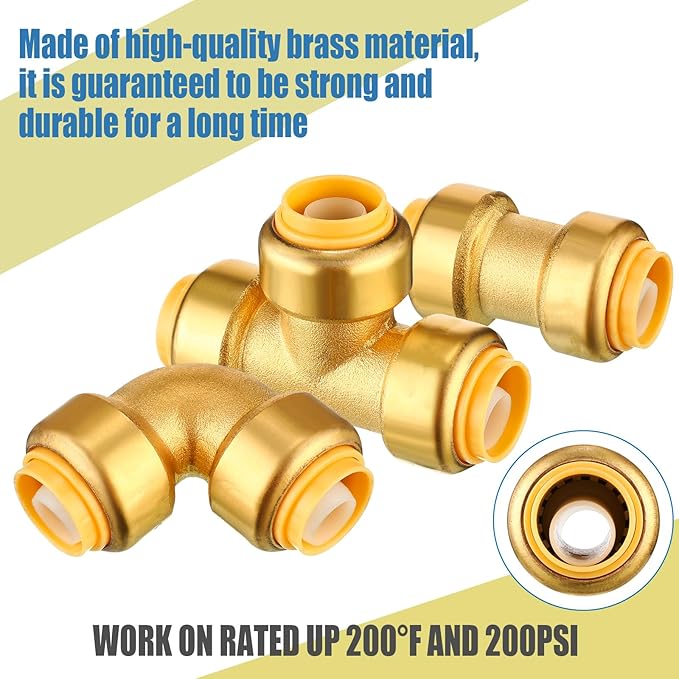 35 Pieces 1/2 Inch Push to Connect Brass Plumbing Fittings Include 14 Straight Coupling 14 Pcs 90 Degree Elbow Plumbing Connectors and 7 Tee Push Fit Fitting Bulk for Copper PEX CPVC Pipe Connect