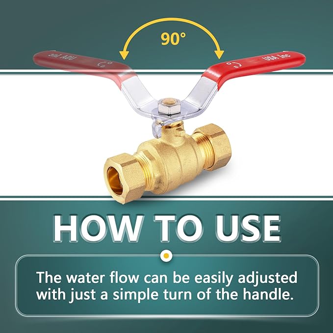 1/2" Ball Valve, 20 Pack Compression Shut Off Valves Red, Quarter Turn Brass Full Port Shut Off Ball Valve for Hot and Cold Water, NSF/ANSI 61 Certified