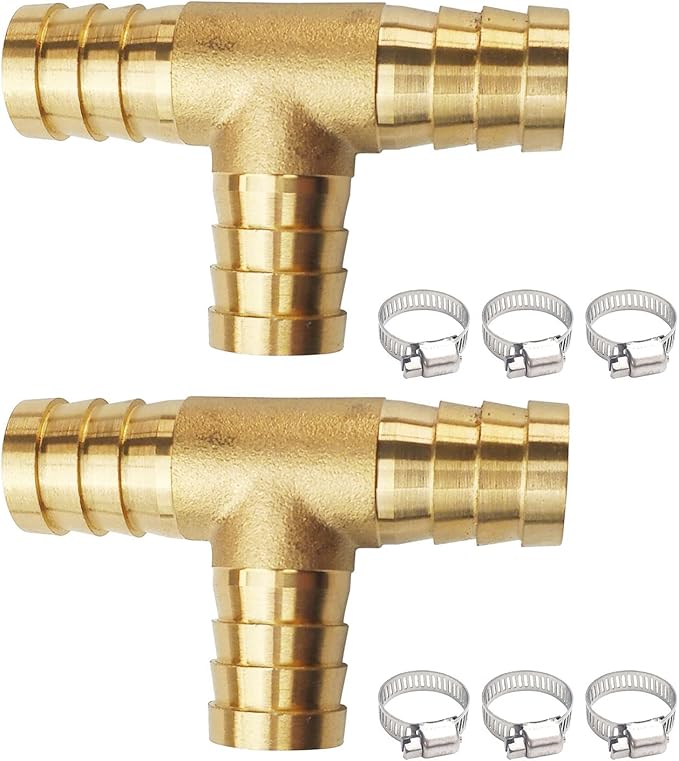2PCs 5/8" Brass Hose Barb Fitting Tee 3 way Barbed Splicer Mender Union Fitting with 6PCs Hose Clamp for Oil Water Air