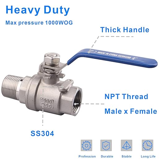 DERNORD 2 Pack Full Port Ball Valve 3/4 Inch - Male x Female Stainless Steel 304 Heavy Duty for Water, Oil, and Gas, 1000WOG