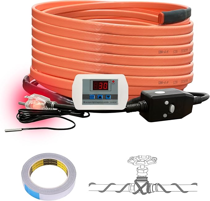 Cupohus Heat Tape for Water Pipes with Digital Display Thermostat 30FT, Freeze Protection Self-Regulating Heat Trace Cable for Metal, Plastic Home Pipes, Roof and RV, 110-120V