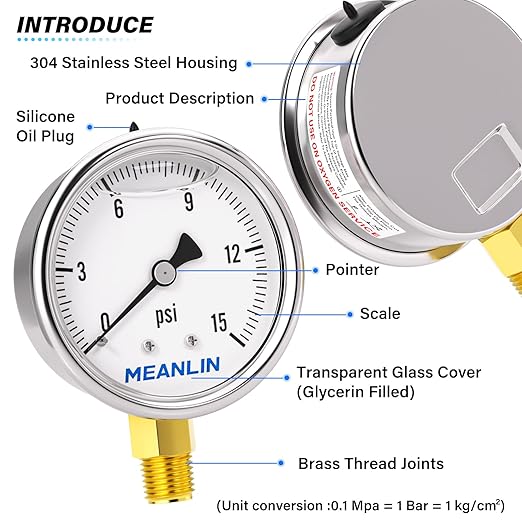 MEANLIN MEASURE 0~15Psi Stainless Steel 1/4" NPT 2.5" Single Scale FACE DIAL,Glycerin Filled Pressure Gauge, WOG Water Oil Air Lower Mount, with 1/4" x 1/2" NPT and 1/4" x 3/8" NPT Hex Bushing